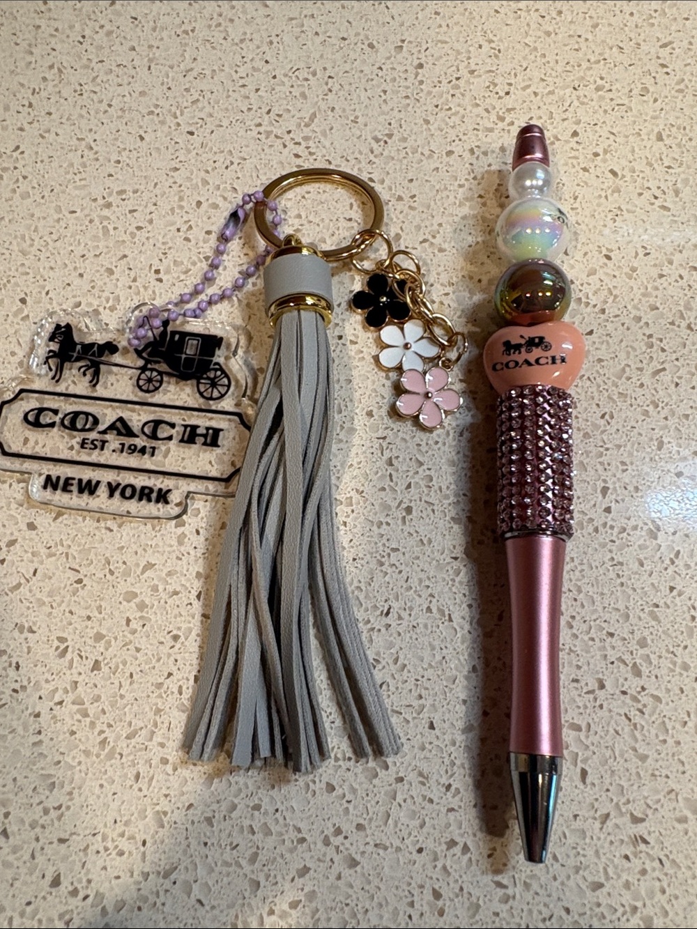 Handcrafted Pink Crystal Embellished Ballpoint Pen & Gray Tassel Keychain New